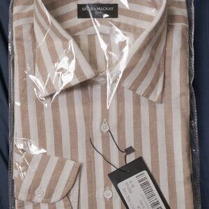 Spier & Mackay NWT Brown & White Striped Linen/Cotton Oxford - Size 16 Slim